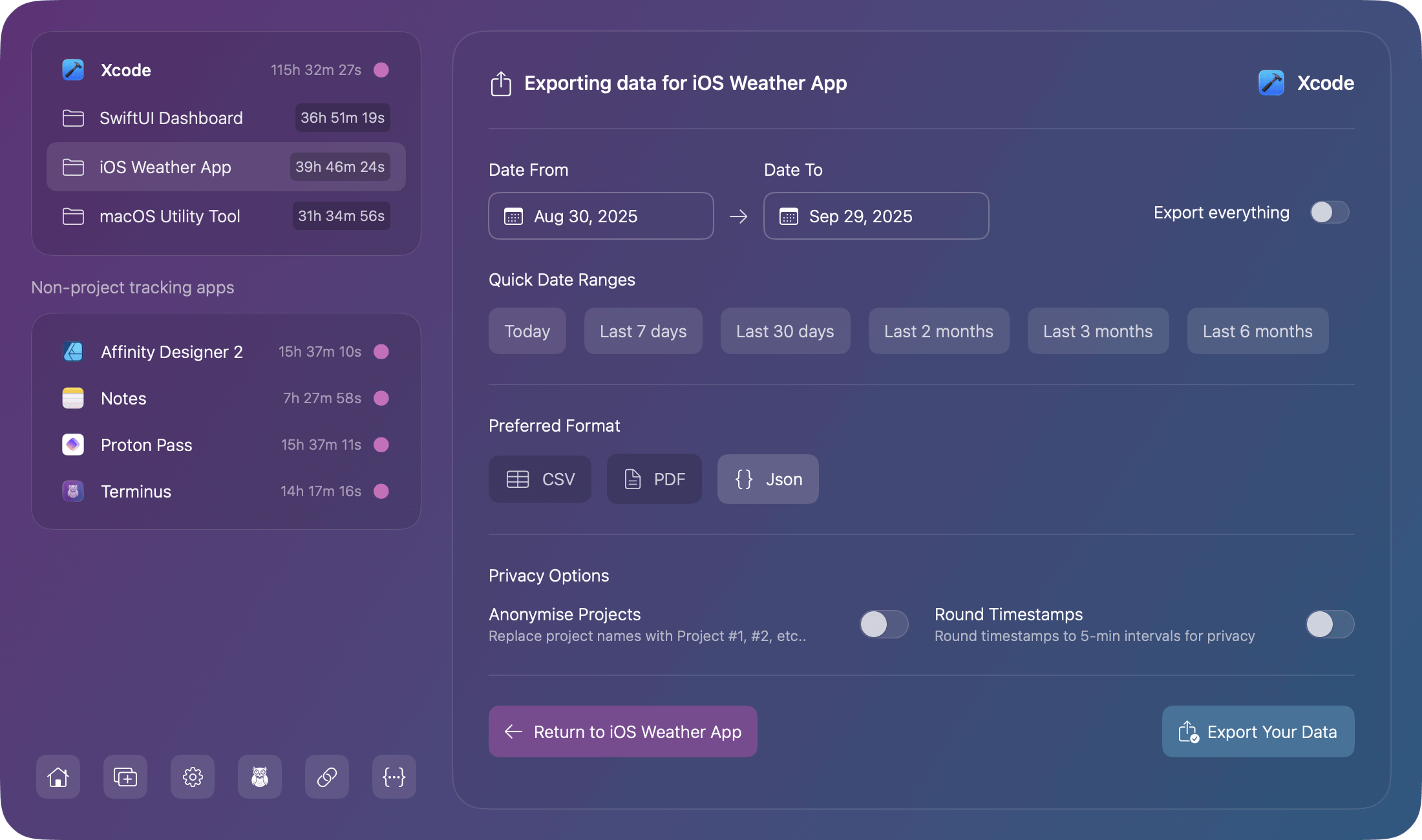 Chronode app data export screen