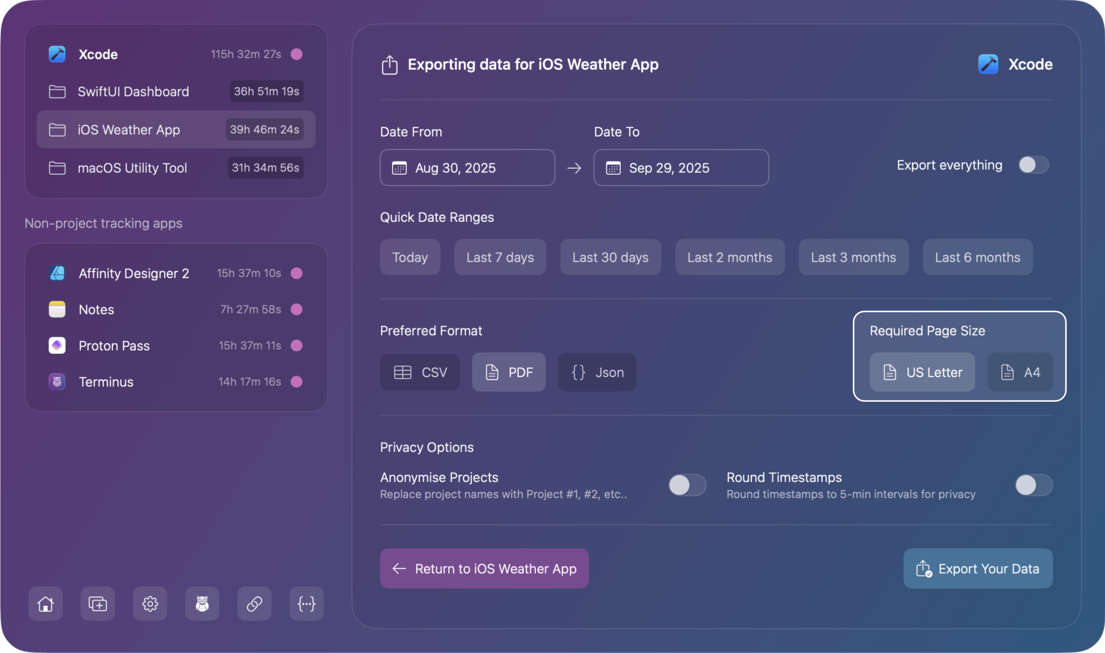 Chronode - Data exporting PDF page size