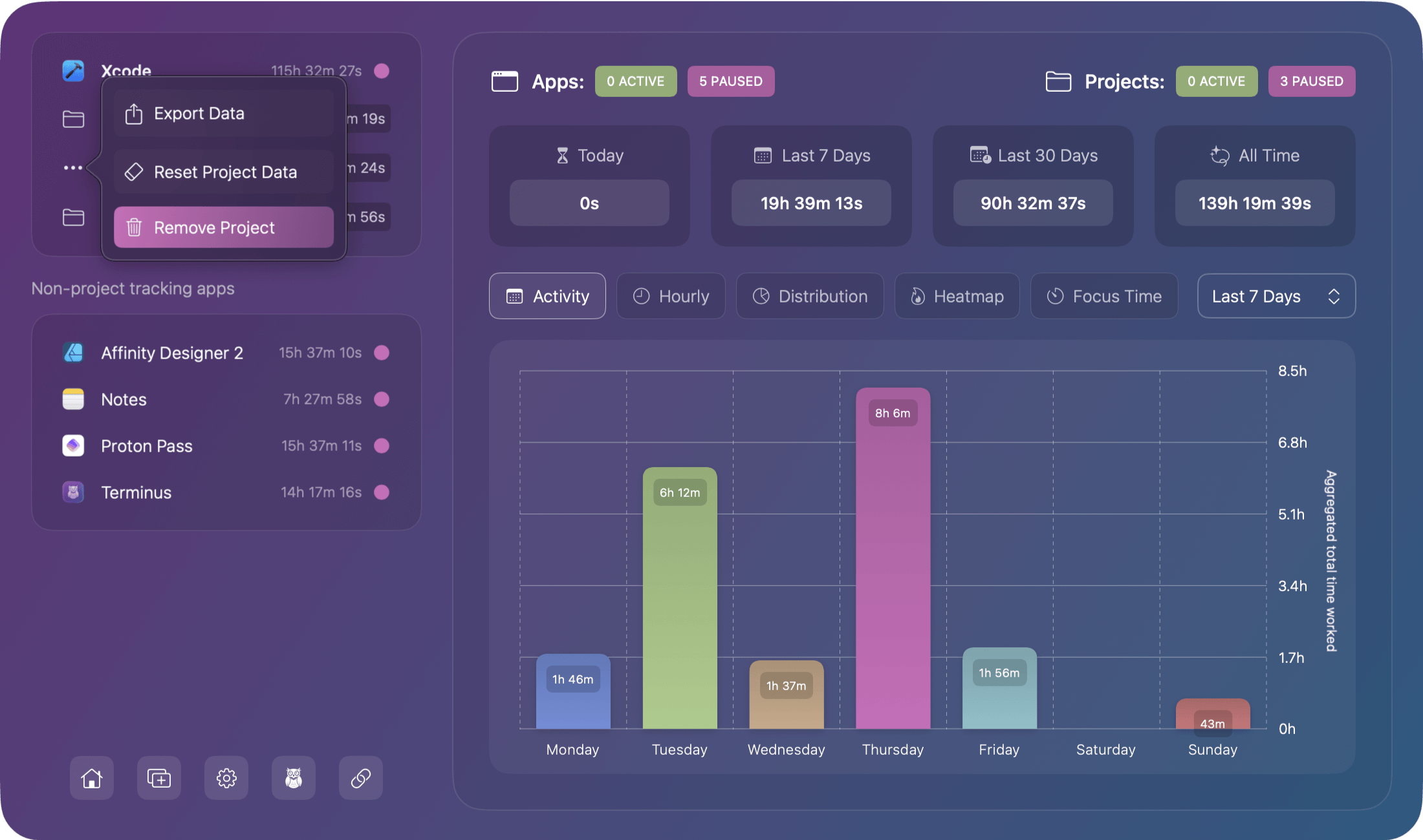 Chronode App - Project options menu