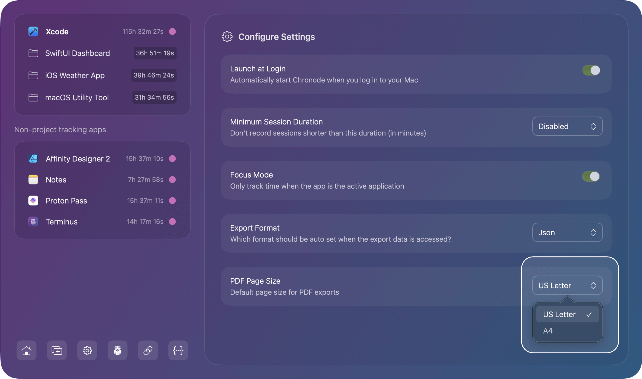 Chronode Settings - PDF Page size